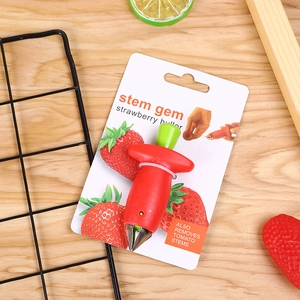 Stainless steel strawberry huller and tomato stem remover tool on retail card packaging