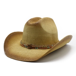 Western Cowboy Hat Woven Paper Straw Wide Brim Beaded Band Summer Travel Beach Sun Protection Vintage Ethnic Style For Men Women