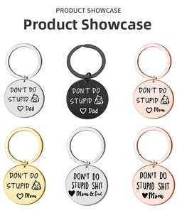 Polished stainless steel keychains with humorous quotes in silver, gold, and black colors