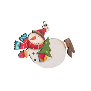 Handcrafted wooden snowman ornament with red scarf and tree for Christmas decor