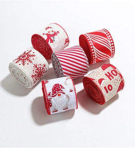 Set of six Christmas burlap ribbons featuring classic snowflakes and gnome patterns