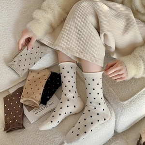 Mid-calf wool polka dot socks for women in beige and brown colors with a cozy knit texture