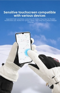 Close-up of touchscreen-compatible winter ski gloves used on a smartphone in the snow