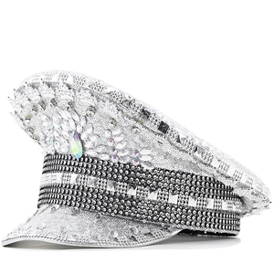 Sequin Captain Hat Rhinestone Studded Military Festival Hat Party Stage Performance Leopard Print Retro Punk Style