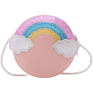 Pink cartoon rainbow crossbody bag for girls with glitter sequins and silver chain strap