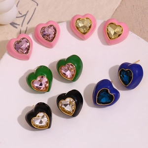Boucles d'oreilles cœur en acier inoxydable doré 18K avec cristaux colorés de luxe