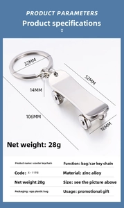 Detailed view of silver zinc alloy scooter keychain with dimensions and movable wheels