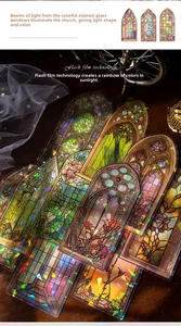 Detail of vintage Gothic stained glass stickers with iridescent laser film finish