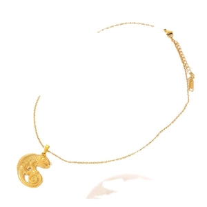 Golden stainless steel lizard chameleon pendant necklace on a minimalist O-link chain