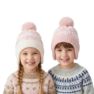 Berretto In Maglia Per Bambini Con Protezione Per Le Orecchie Foderato In Pile Inverno Termico Pompon Pelliccia Sintetica Fiocco Jacquard Ragazze