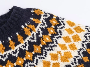 Detail of round neckline and navy geometric Fair Isle knit pattern on vintage sweater