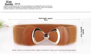 Brown elastic waist belt with gold bow buckle measuring 70cm length and 6cm width