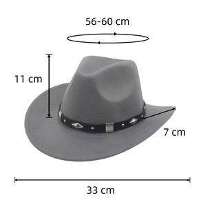Detailed dimensions of Western grey felt cowboy hat with silver studded leather band