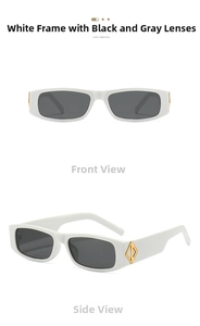 Detail view of rectangular white frame sunglasses with gold accents and dark grey lenses