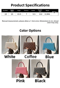 Detailed size chart and dimensions for quilted PU leather crossbody bag with top handle