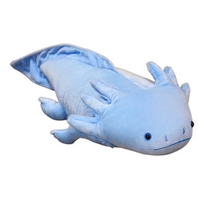 Soft blue axolotl plush toy with a realistic salamander design on a white background