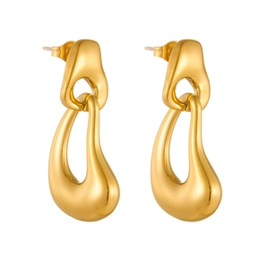 Irregular double-ring 18K gold-plated stainless steel earrings with teardrop pendant
