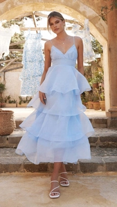 Detail of light blue tiered ruffle dress with delicate spaghetti straps and v-neckline