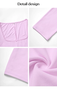 Detail design of pink yoga romper featuring square neck, soft fabric texture and sleeve cuffs