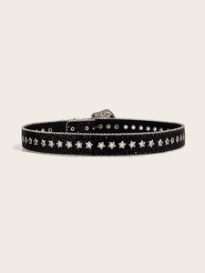 Detail of black leather belt featuring silver star studs, sequins and bead chain edges