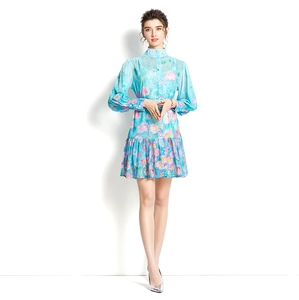 Floral stand collar mini dress with lantern sleeves and light blue daisy print pattern