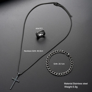 Detailed size parameters for black stainless steel cross necklace bracelet and ring set