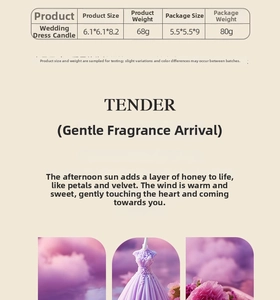 Detailed size chart for the purple wedding dress scented candle with weight and dimensions