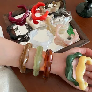 Acrylic Resin Bangle Irregular Wave Shape Marble Pattern Minimalist French Style Vintage Jewelry For Women