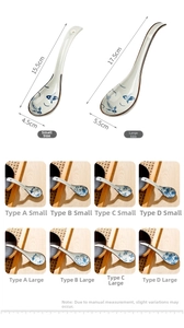 Detailed size guide for Japanese ceramic spoons in small and large with blue floral patterns