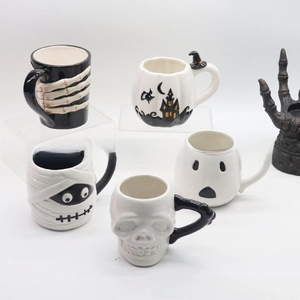 Ceramic Halloween mugs featuring 3D skull, mummy, ghost, and witch cauldron designs