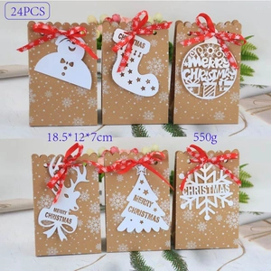 Christmas Gift Bags Kraft Paper Party Favor Treat Wrap Reindeer Santa Snowman Pattern For Candy Cookie Packaging Holiday Decor