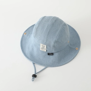Close-up of light blue denim sun hat with adjustable windproof cord and breathable holes