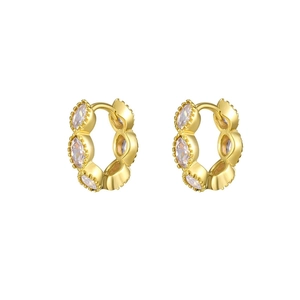 Detailed close-up of gold stud earrings set with marquise-cut white zircon on white background
