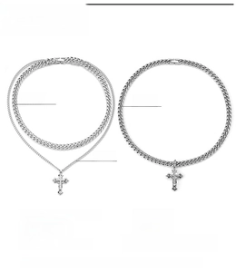 Detailed size specifications for double layered stainless steel cross necklace with dimensions