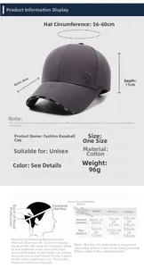 Guide des tailles pour casquette en coton montrant le tour de tête et les dimensions du bord