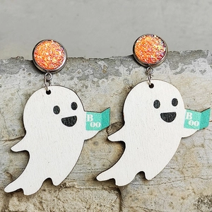 Süße Holz-Geisterohrringe mit grünen Boo-Büchern und orangefarbenem Glitzer für Halloween