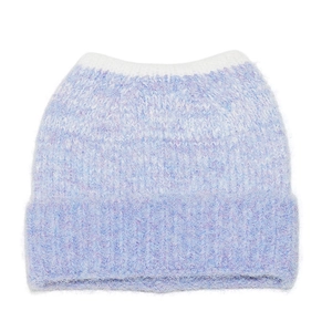 Detail view of the soft lilac and white gradient knit texture with ponytail opening