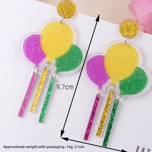 Colorful layered balloon acrylic drop earrings with glitter finish and sequin streamers