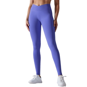 Pantaloni da yoga senza cuciture blu-viola da donna con vita a V ed effetto glutei push-up