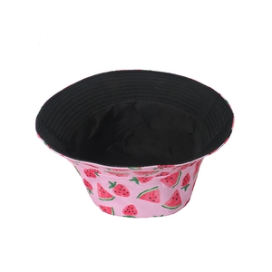 Kawaii strawberry and watermelon pattern pink cotton bucket hat with black lining