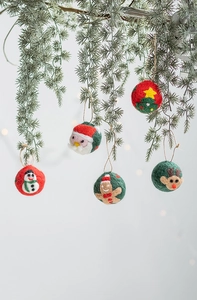 Set of five felt Christmas ornaments featuring Santa and snowman on snowy pine branches