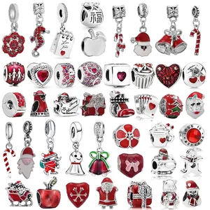 DIY Charms Red Enamel Alloy Rhinestone Large Hole Beads For Bracelet Making Christmas Valentine Day Cartoon