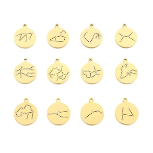 18K gold plated stainless steel 12 zodiac round pendants with cubic zirconia inlay