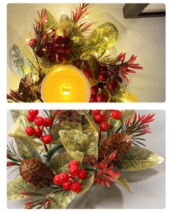 Macro view of Christmas candle ring with pine cones, berries and warm LED lighting