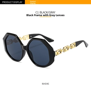 Side view of black polygon sunglasses with golden Greek Key pattern chain temple