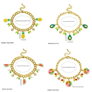 Golden fruit charm bracelets featuring colorful pineapple, avocado and watermelon pendants