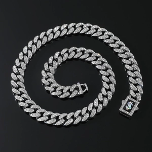 Hiphop silver Cuban chain necklace with iced out rhinestones and rainbow dollar sign buckle