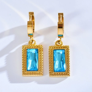 Golden vintage stainless steel earrings with sparkling blue rectangular zircon pendants