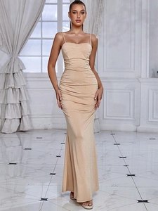 Vestito Maxi Sexy Con Spalline Sottili Donna Arricciato Glitter Aderente Sirena Abito Da Sera Elegante Festa