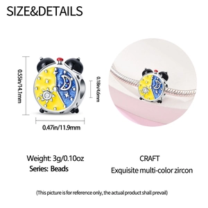 Detailed view of sun and moon enamel alarm clock charm bead with dimension specifications